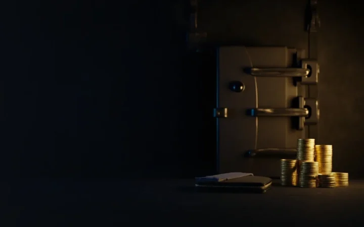 Un coffre bleu marine foncé avec une porte en acier, des pièces d'or vierges et un portefeuille matériel à droite.