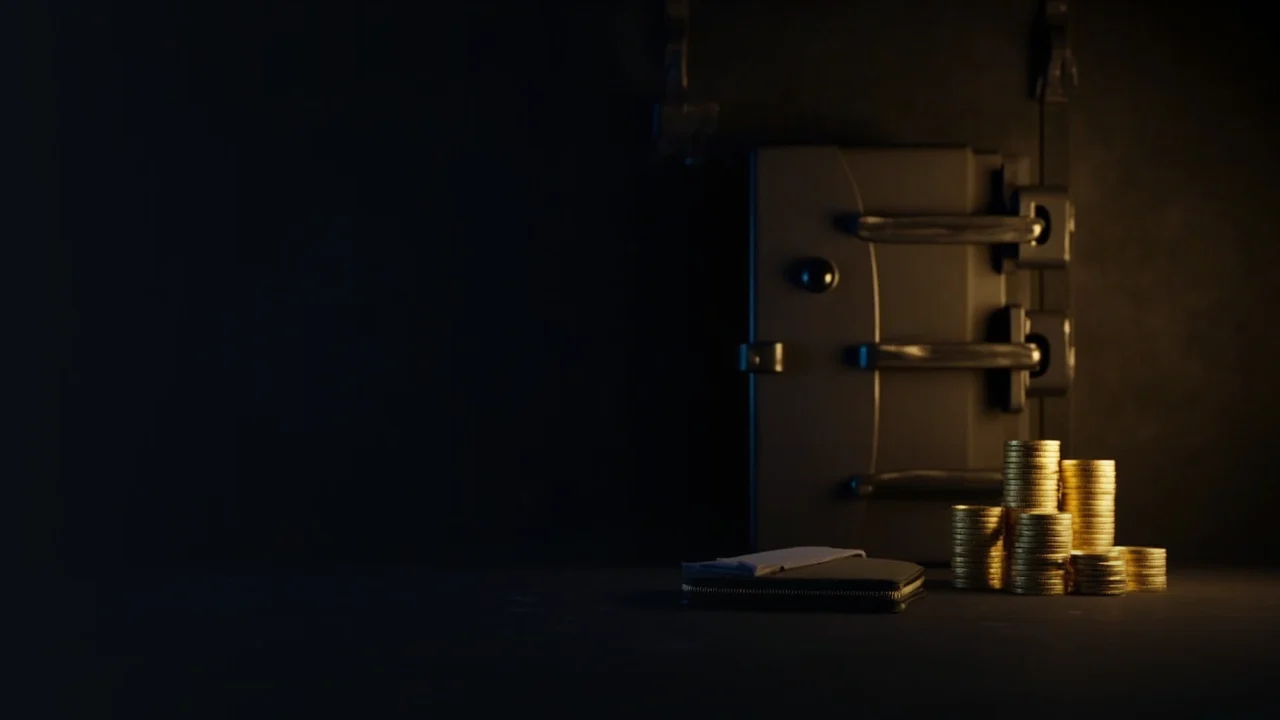 En mørk navyblå boks med en ståldør, blanke guldmønter og en hardware wallet til højre.