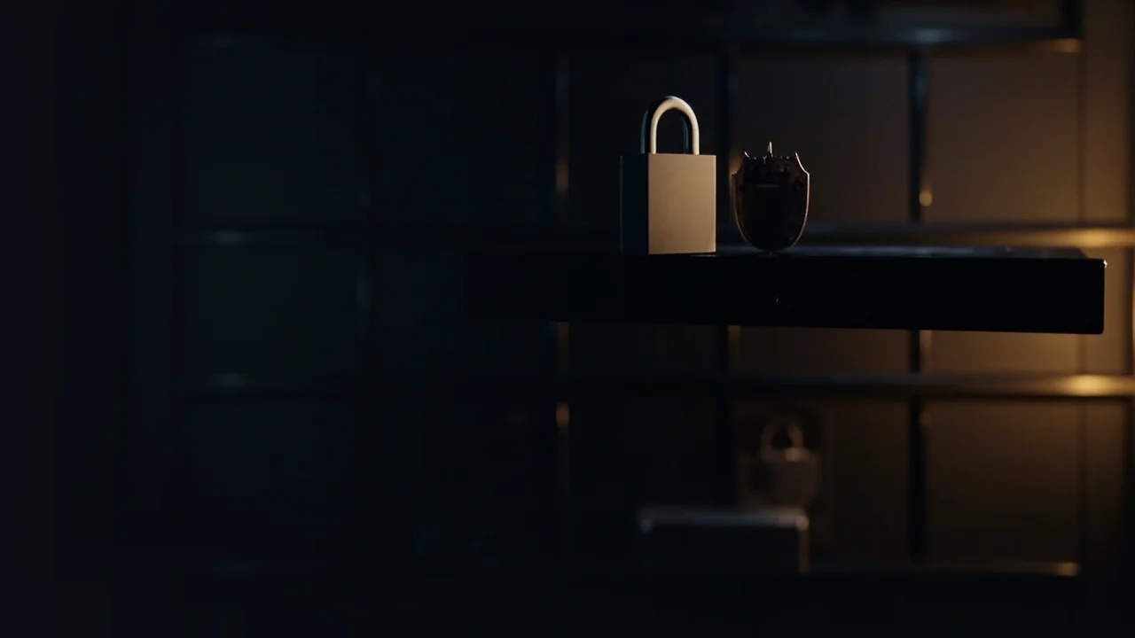 A dark vault shelf with a blank-screen security key, steel plate, padlock and shield lit by gold light, space.