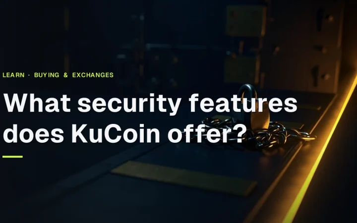 The title What security features does KuCoin offer? over a dark vault with a glowing padlock and chain.