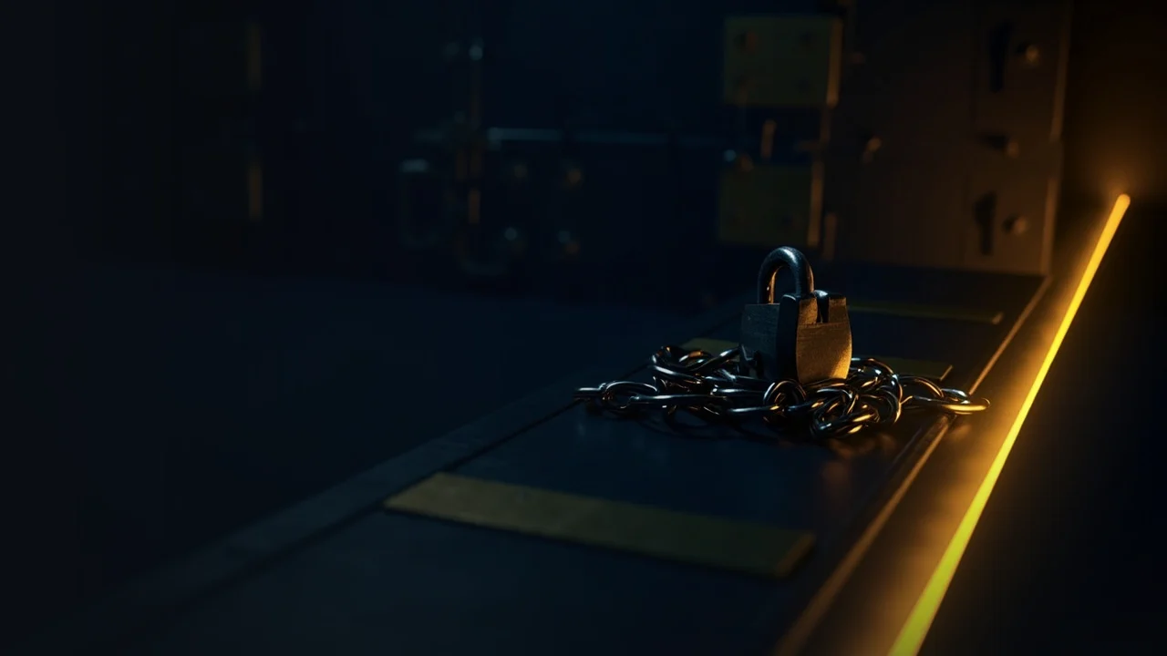 A dark vault with a glowing padlock and chain.