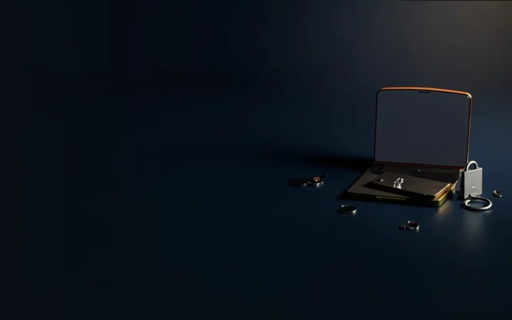 En mørk navyblå scene med en hardware-wallet, stålplade, hængelås og skjold i gyldent lys til højre og tomt, mørkt rum til venstre.
