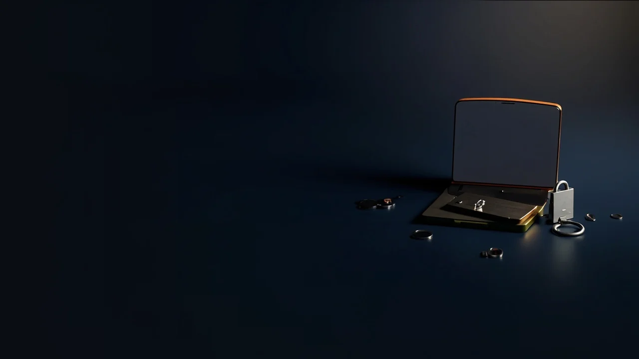 A dark navy scene with a hardware wallet, steel plate, padlock and shield in gold light on the right, and empty dark space on the left.