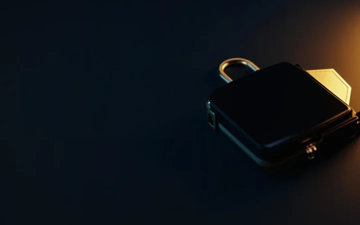 En mørk navy scene med en hardware wallet, stålplade, hængelås og glød fra en guldskjold i højre side.