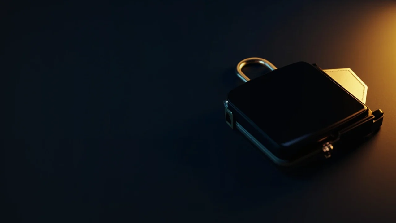 Une scène bleu nuit avec un hardware wallet, une plaque en acier, un cadenas et l'éclat doré d'un bouclier sur la droite.