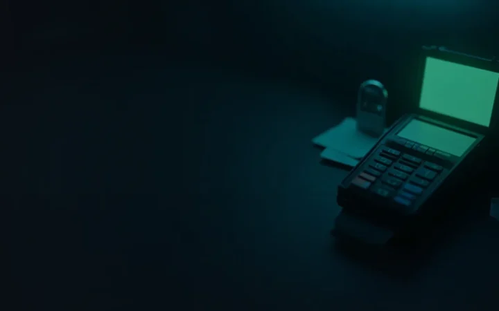 Un bureau sombre avec un terminal de paiement, des cartes vierges et un coffret sous une lumière vert lime.