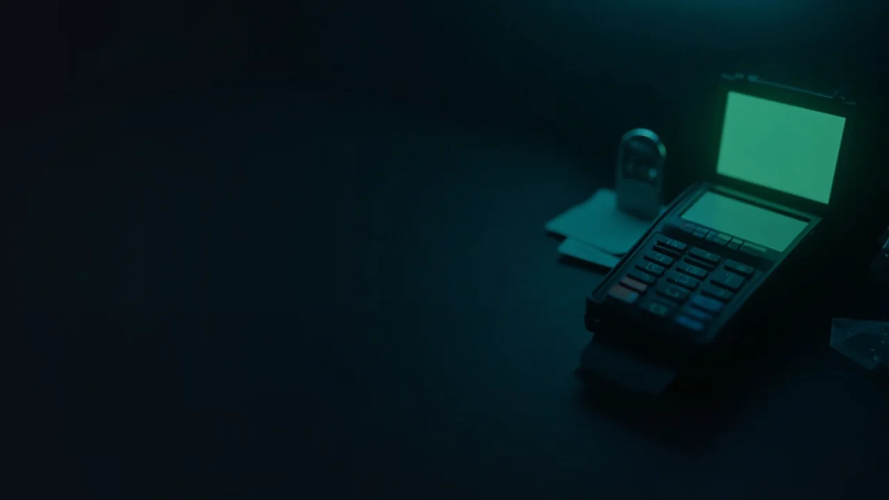 A dark desk with a card terminal, blank cards and a lockbox under lime green light.