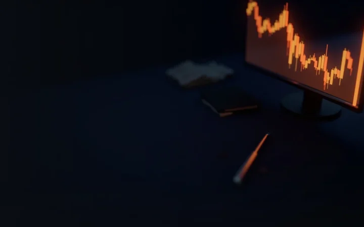Ett mörkt skrivbord med en monitor som visar glödande orange candlestick-staplar och ett tomt diagramrutnät.