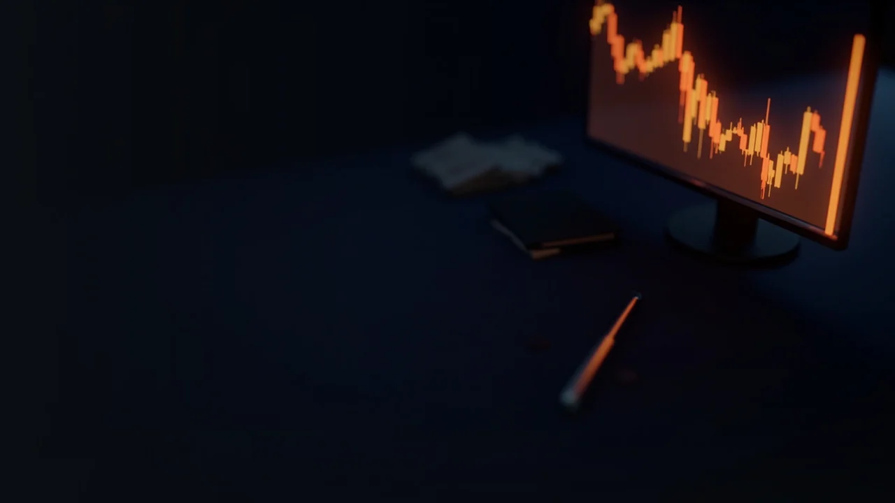 Ett mörkt skrivbord med en monitor som visar glödande orange candlestick-staplar och ett tomt diagramrutnät.