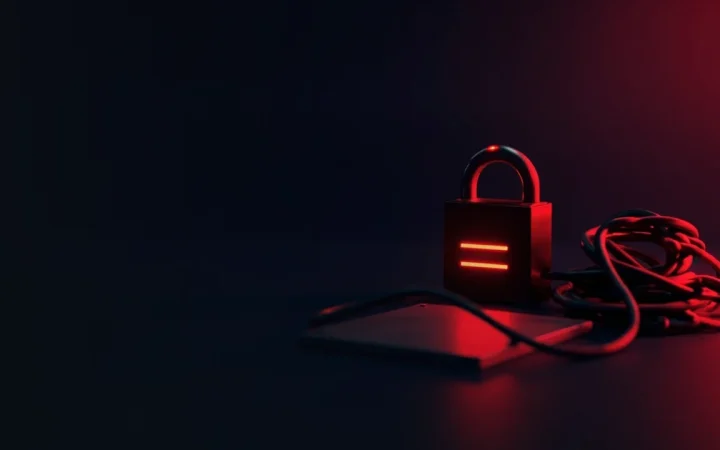 A dark desk with a glowing padlock, blank wallet and steel plate.