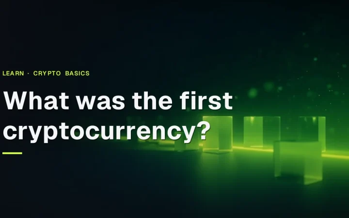 The title What was the first cryptocurrency? over a dark navy background with a glowing lime green chain of glass blocks on the right.
