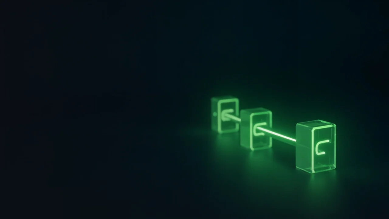 A dark navy background with a glowing lime green chain of glass blocks on the right.