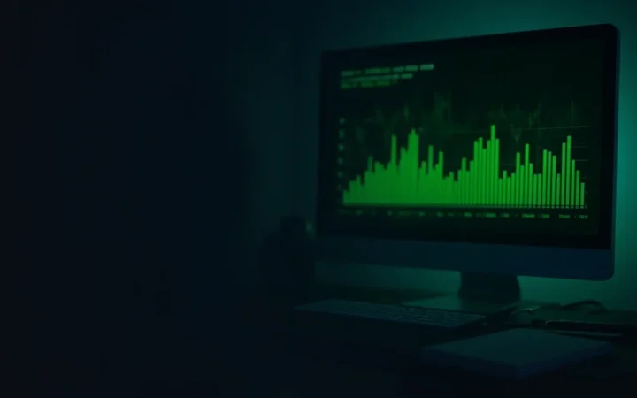 A dark desk with a glowing screen of abstract lime green bars, a blank keyboard and a notepad.