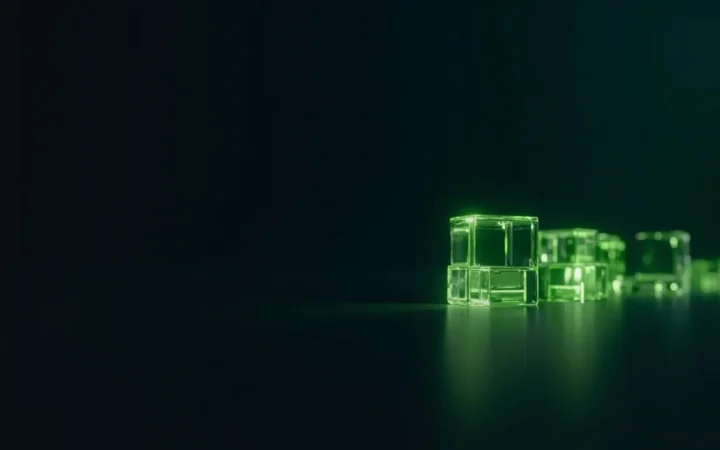 A dark navy background with a glowing lime green chain of glass blocks on the right.