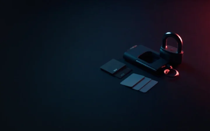 A dark navy background with a padlock, a blank hardware wallet and keycards lit by red accents.