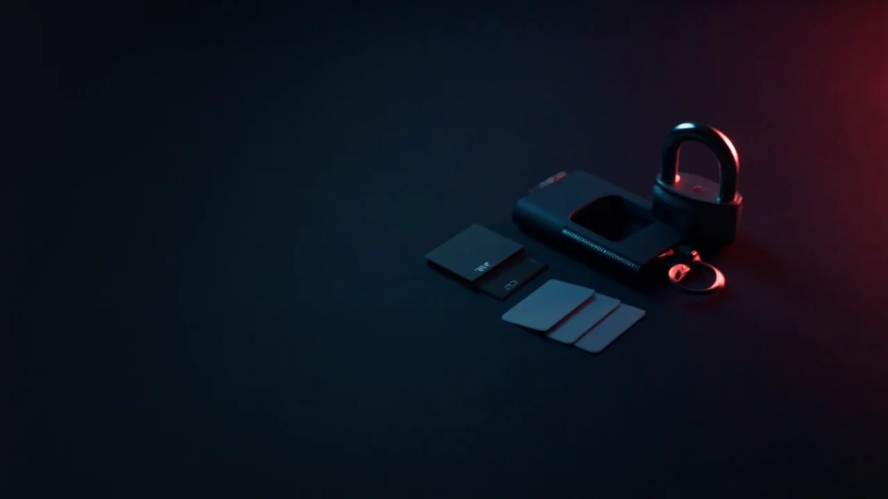 A dark navy background with a padlock, a blank hardware wallet and keycards lit by red accents.