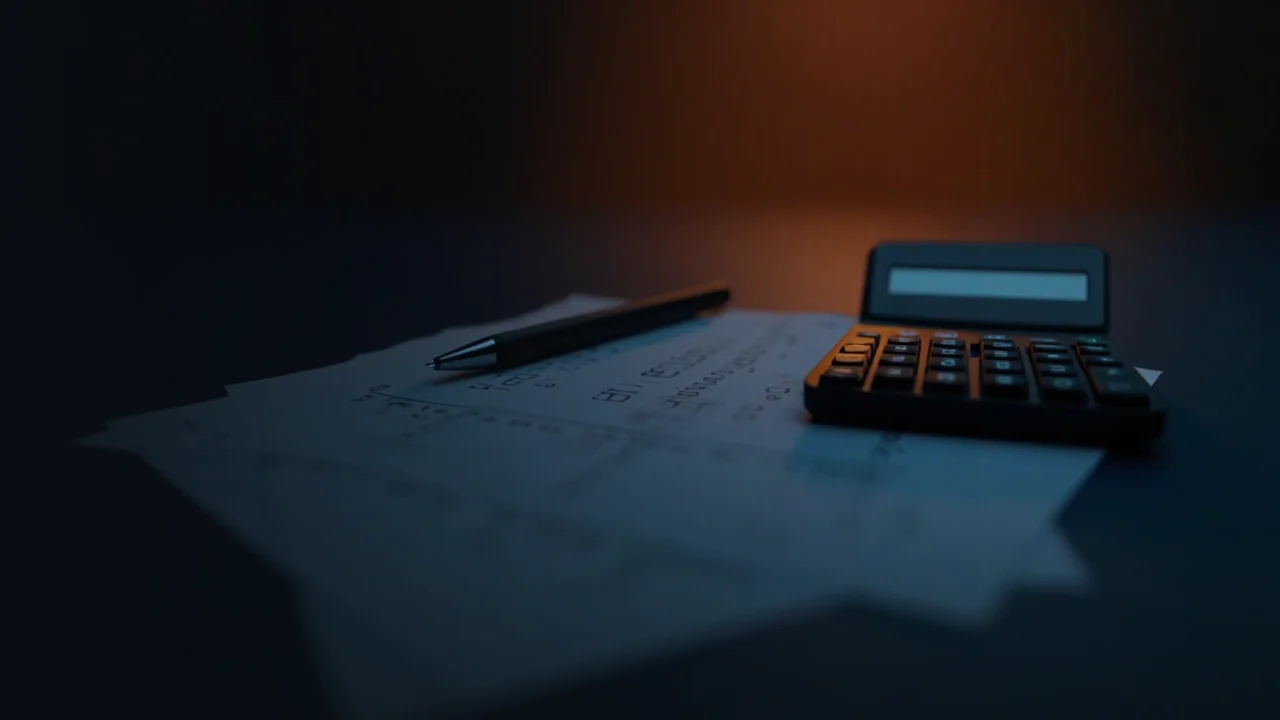Ein dunkler Schreibtisch mit leeren Formularen, einem Taschenrechner und einem Stift.
