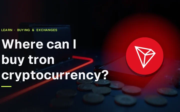 The guide title and the TRON logo over a dark navy desk with blank metal tokens, a glass block and a hardware wallet.