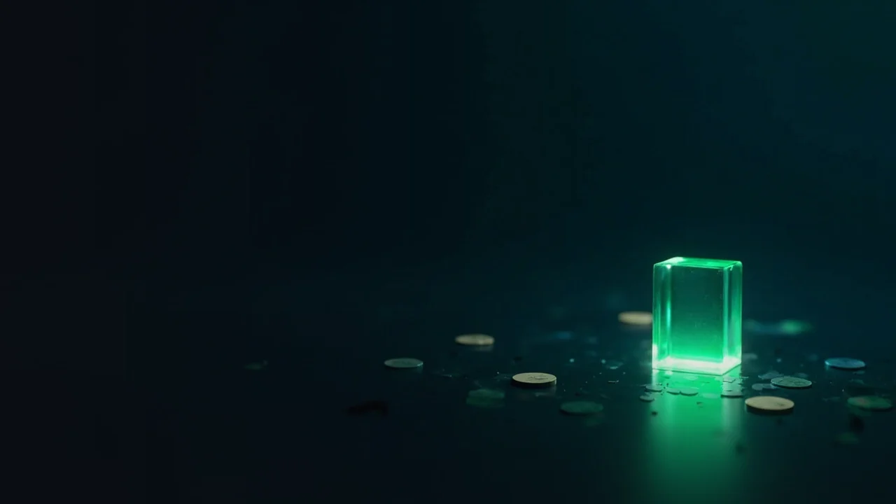 Un fondo azul marino oscuro con un bloque de cristal luminoso y monedas tenues a la derecha.