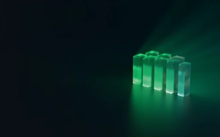 Un fond bleu marine sombre avec des blocs de verre lumineux reliés par une lumière vert lime.
