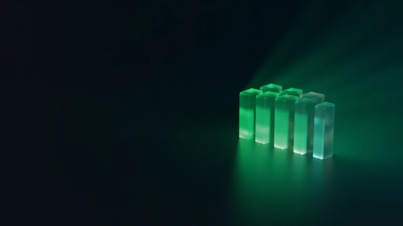 Un fond bleu marine sombre avec des blocs de verre lumineux reliés par une lumière vert lime.