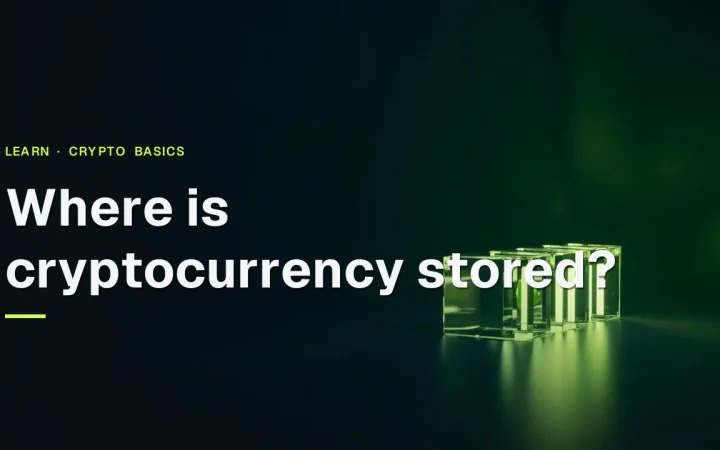 The title Where is cryptocurrency stored sits over a dark navy background with glowing glass blocks joined by lime green light.