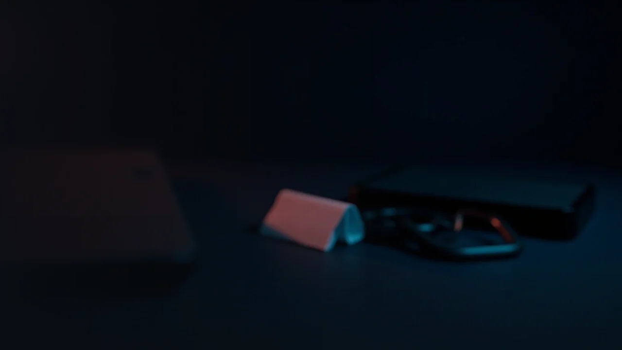 Una escena azul marino oscuro con una placa de acero en blanco, una cartera hardware sin pantalla, papel en blanco y un candado bajo luz roja.