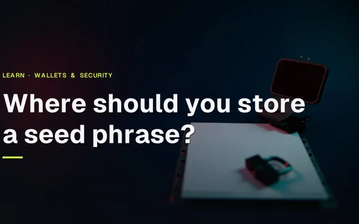 The guide title over a dark navy scene with a blank steel plate, a screenless hardware wallet, blank paper and a padlock in red light