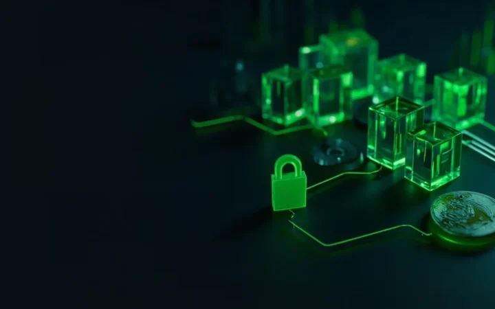 A dark navy background with glowing lime green glass cubes, a shield and a padlock on the right.