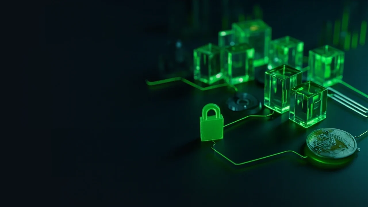 A dark navy background with glowing lime green glass cubes, a shield and a padlock on the right.