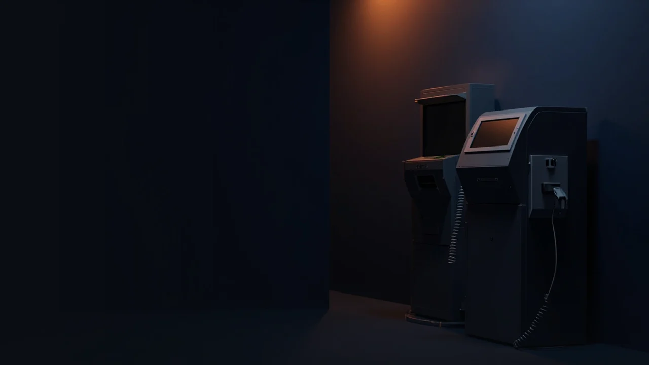 Eine Reihe gesichtsloser Krypto-Kioskautomaten in Dunkelmarineblau mit orangefarbenem Akzentlicht, leerer dunkler Raum auf der linken Seite.