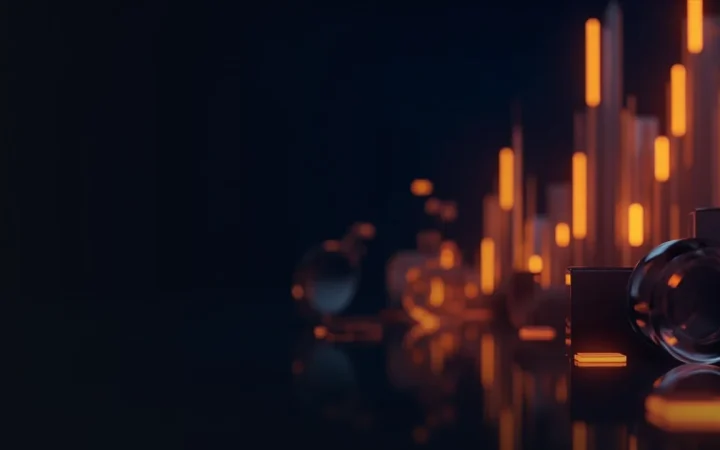 A dark navy background with glowing orange bars and dials on the right.