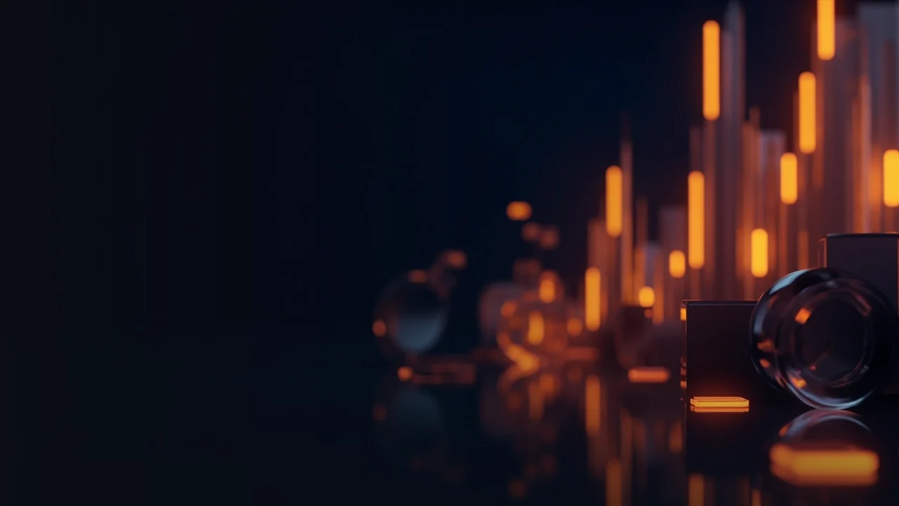 A dark navy background with glowing orange bars and dials on the right.