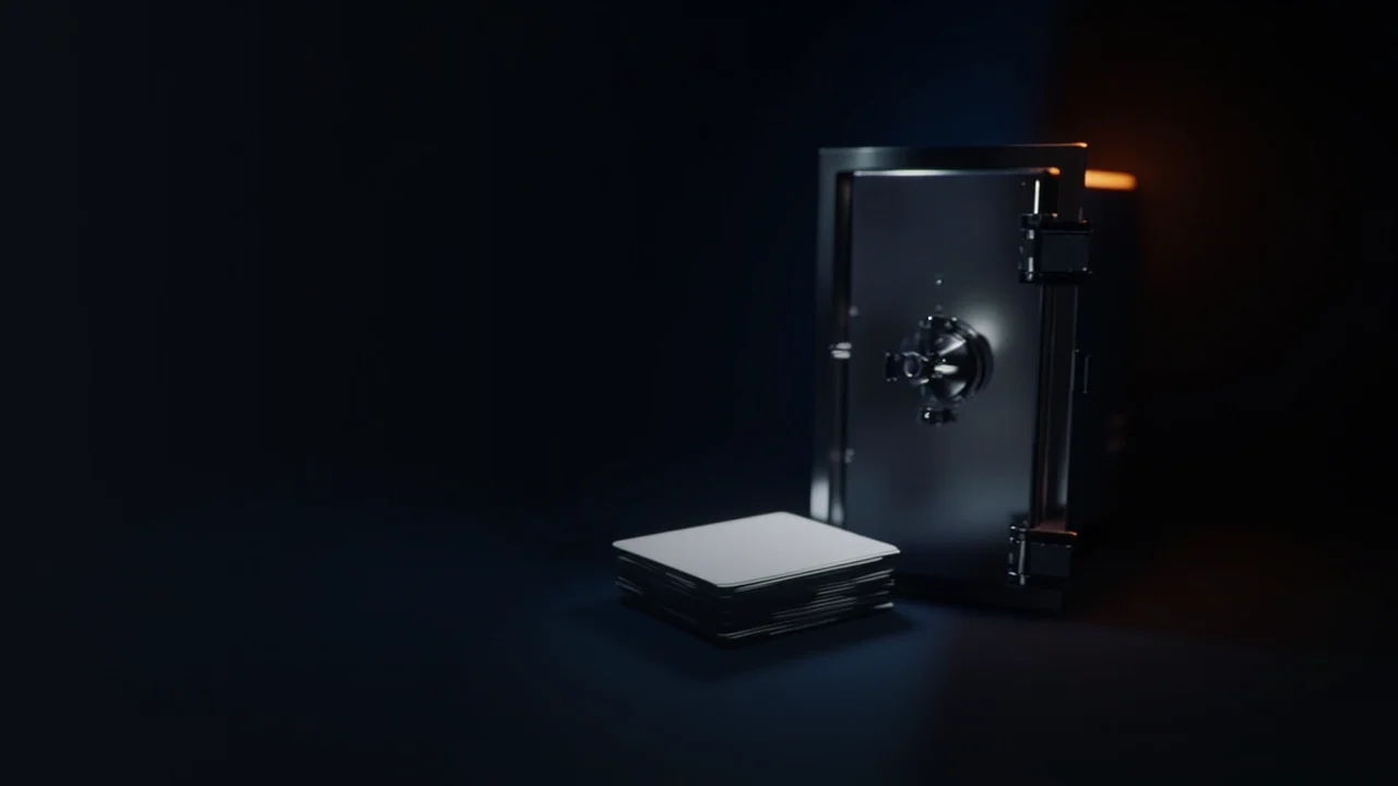 Una escena en azul marino oscuro con una puerta de caja fuerte de acero y tarjetas de identidad en blanco iluminadas por un haz naranja cálido.