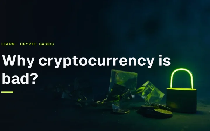 The title Why cryptocurrency is bad? over a dark navy background with a broken glass chain, a cracked padlock and scattered blank coins on the right.