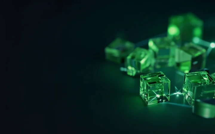 A dark background with glowing lime green glass blocks joined by light on the right.