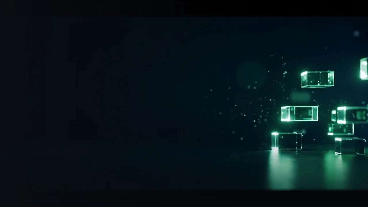 Un fondo azul marino oscuro con bloques de cristal verde brillante enlazados por líneas de luz a la derecha.