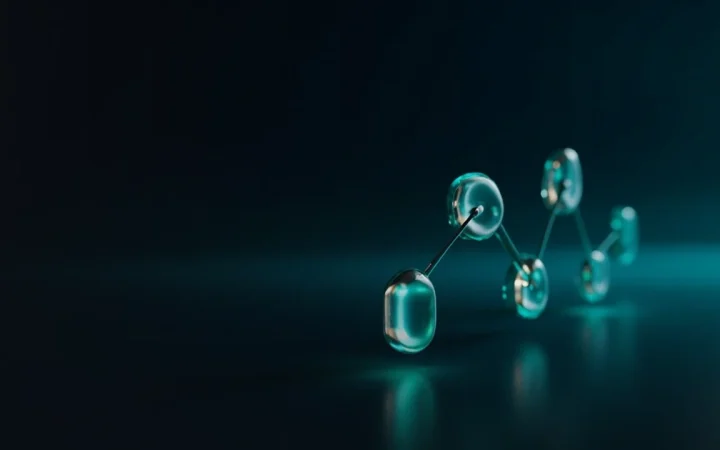 Glowing teal glass blocks linked by lines of light on a dark navy background, with the left side empty.