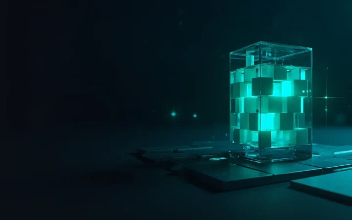A dark navy scene of a glass block holding glowing teal cubes linked by light beams.