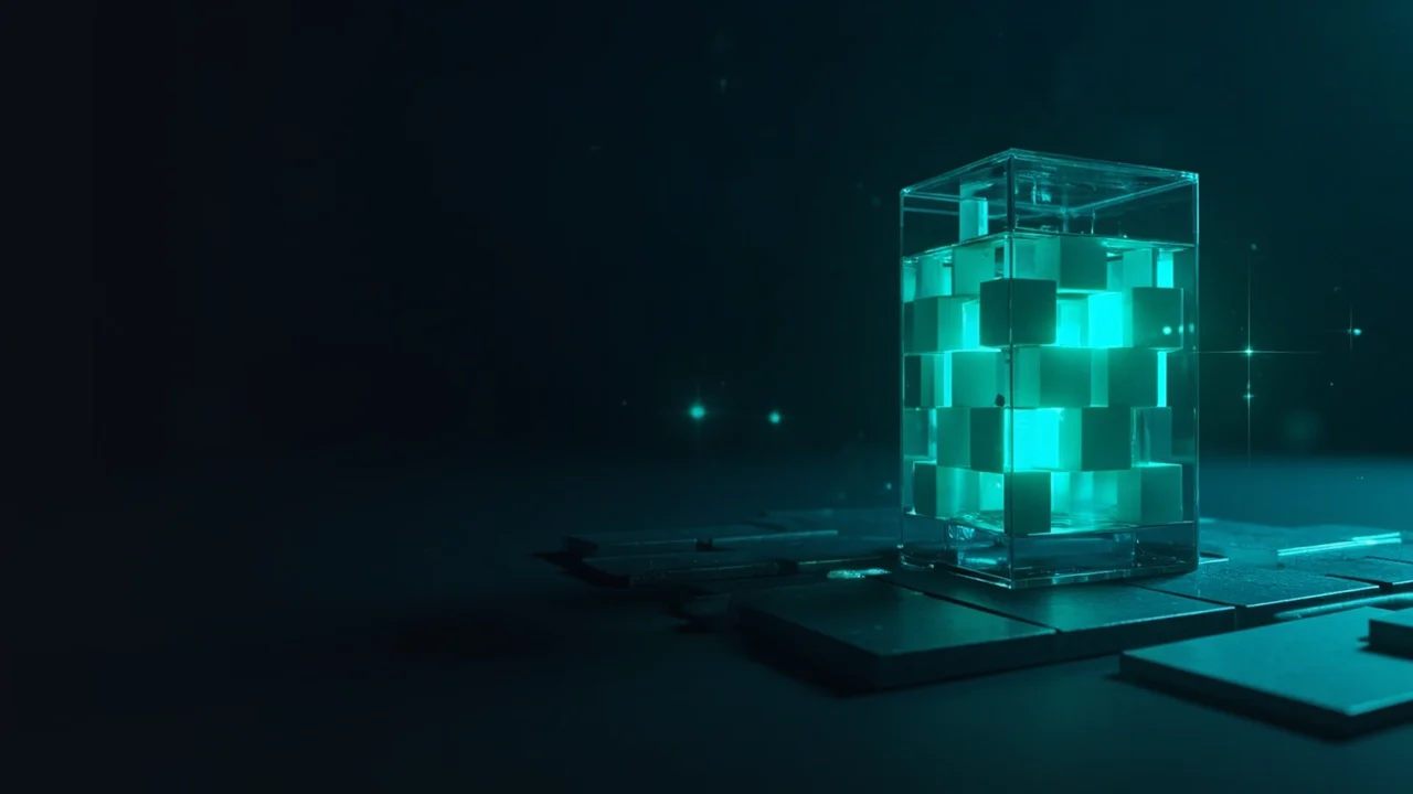 Una escena azul marino oscuro de un bloque de cristal que contiene cubos turquesa brillantes unidos por haces de luz.