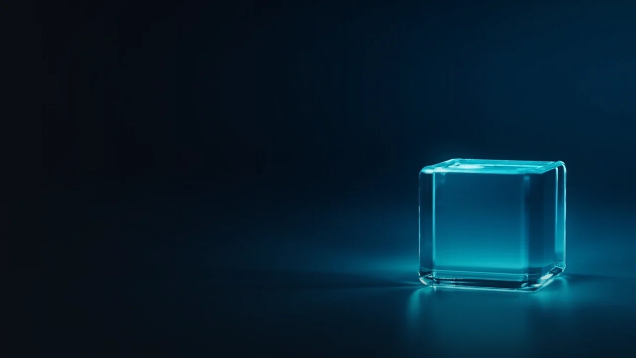 En mørk navybaggrund med en glødende cyan glasblok forbundet af lyse tråde.
