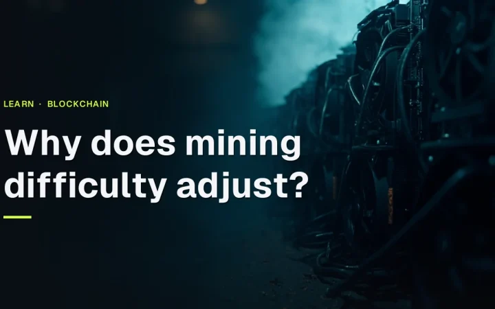 Why does mining difficulty adjust? title over rows of dark mining rigs with glowing cyan fans and cables on the right.