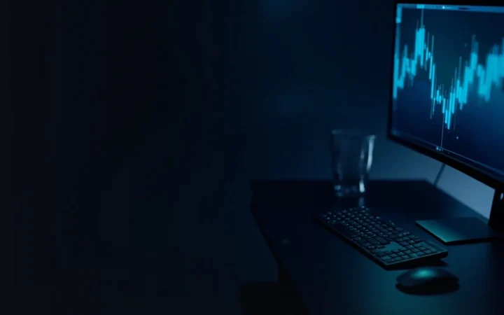 A dark desk with a glowing blue monitor showing abstract bars and a steel keyboard.