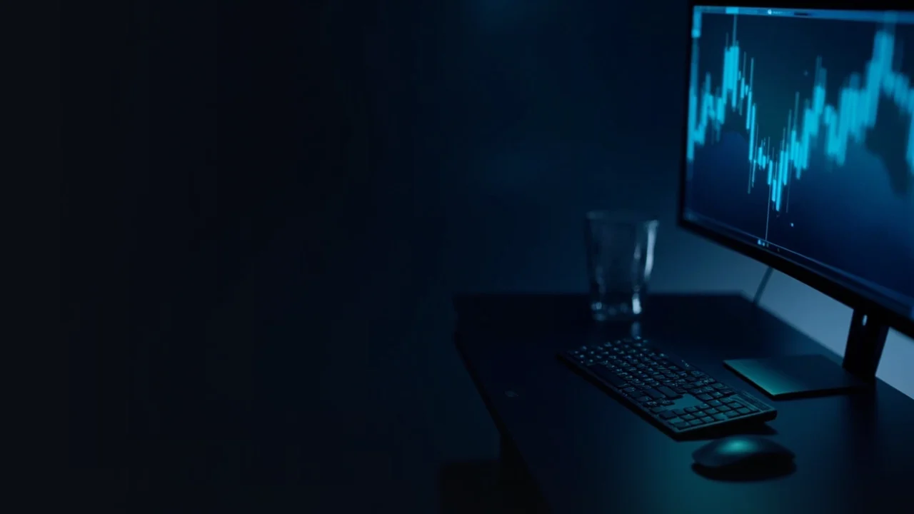 Ett mörkt skrivbord med en glödande blå monitor som visar abstrakta staplar och ett ståltrådlöst tangentbord.