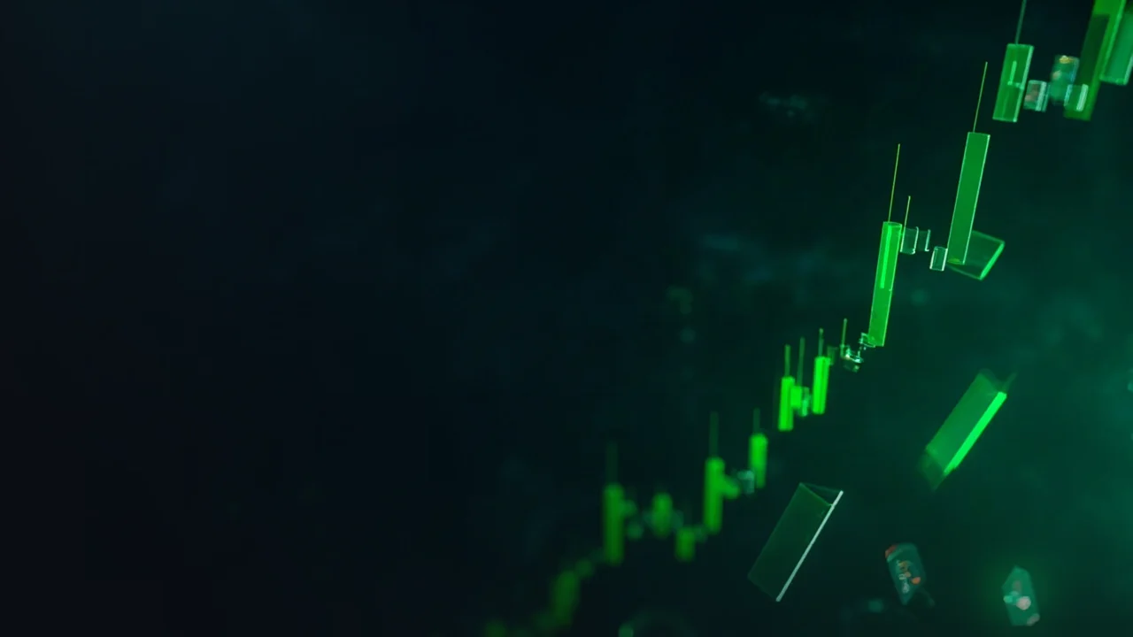 A dark navy background with glowing lime green downward charts and glass panels on the right.