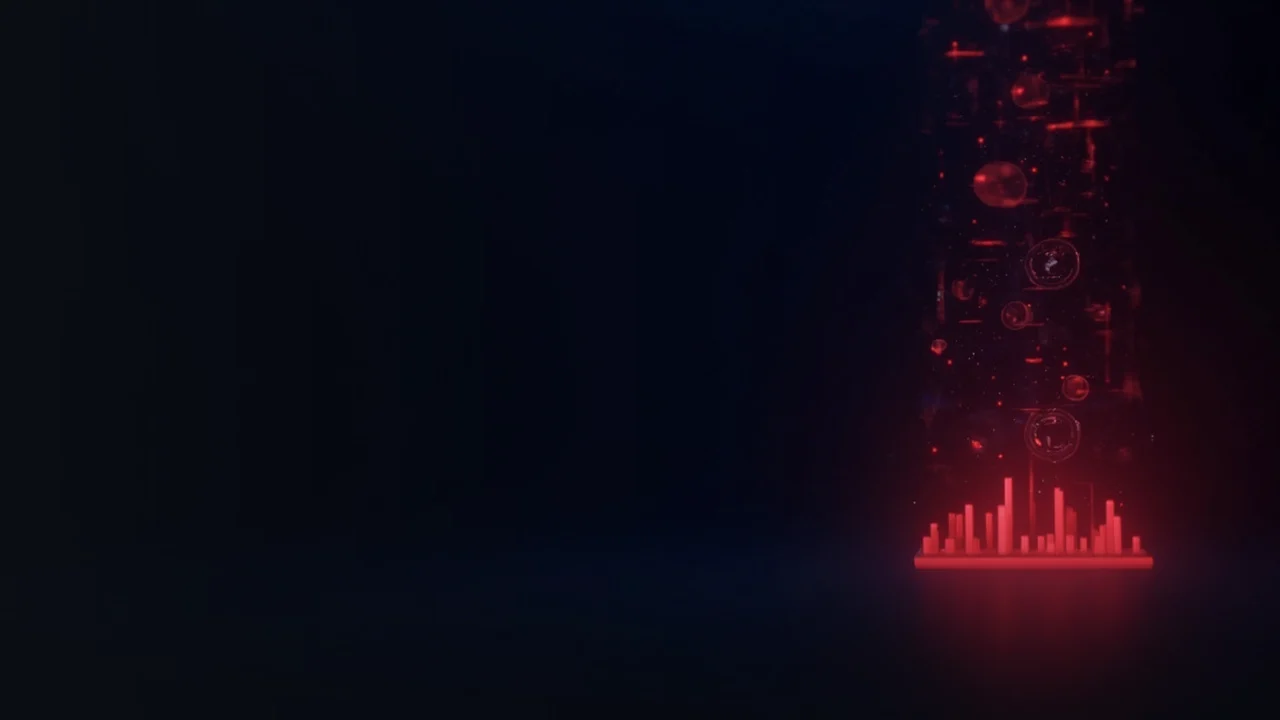 Un fondo azul oscuro con barras abstractas y diales que brillan en rojo a la derecha.