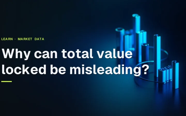 The title Why can total value locked be misleading? over a dark navy background with glowing blue abstract bars and dials on the right.