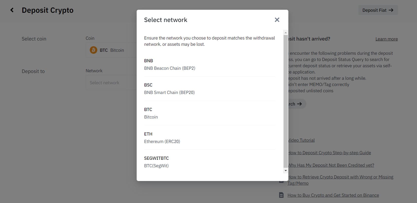 Select network for deposits on Binance
